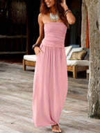 Strapless Bandeau Maxi Dress with Pockets for Women – Waist-Cinching Stretch Casual Summer Long Dress in Solid Colors S-XXL
