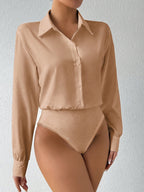 Women's Long Sleeve Bodysuit Solid Color Lapel Button Snap Crotch Shirt Top Stretchy Fitted Turtleneck Blouse for Women
