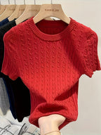 Women's Jacquard Short Sleeve Sweater Chic Cable Knit Round Neck Pullover Ribbed Hem Cuffs Lightweight Viscose Spring Summer Casual S M L XL XXL