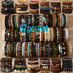 Boho Wood Beaded Bracelet Set – Stackable Elastic Bracelets with Turtle, Cross, Leaf & Feather Charms, Mixed Colors, Choose 12, 24, 47 or 87 Pcs – Perfect for Daily Wear & Gifting