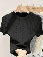 Women's Jacquard Short Sleeve Sweater Chic Cable Knit Round Neck Pullover Ribbed Hem Cuffs Lightweight Viscose Spring Summer Casual S M L XL XXL