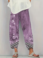 Vintage Floral Capri Pants with Elastic Waist & Pockets | Women's Retro Smocked Cropped Trousers | Casual Comfortable Boho Bottoms for Spring Summer Fall | S-XXL Multiple Colors