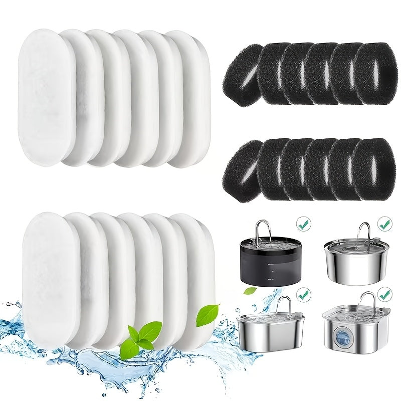 Cat Water Fountain Replacement Filters 24-Pack - Multi-Stage Filtration Filters & Activated Carbon Cotton for Stainless Steel Pet Water Fountains, Compatible with Adjustable Flow Dog & Cat Fountain