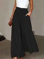 Women's High-Waist Wide-Leg Pants – Elegant Loose Fit Solid Color Flowy Trousers with Pockets for Spring Summer Office Casual