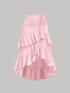 Women's Asymmetrical Pleated Hem Multi-Layer Midi Skirt – Flowy Chiffon-Style 100% Polyester Spring Fall Fashion Tiered Ruffle Swing Skirt
