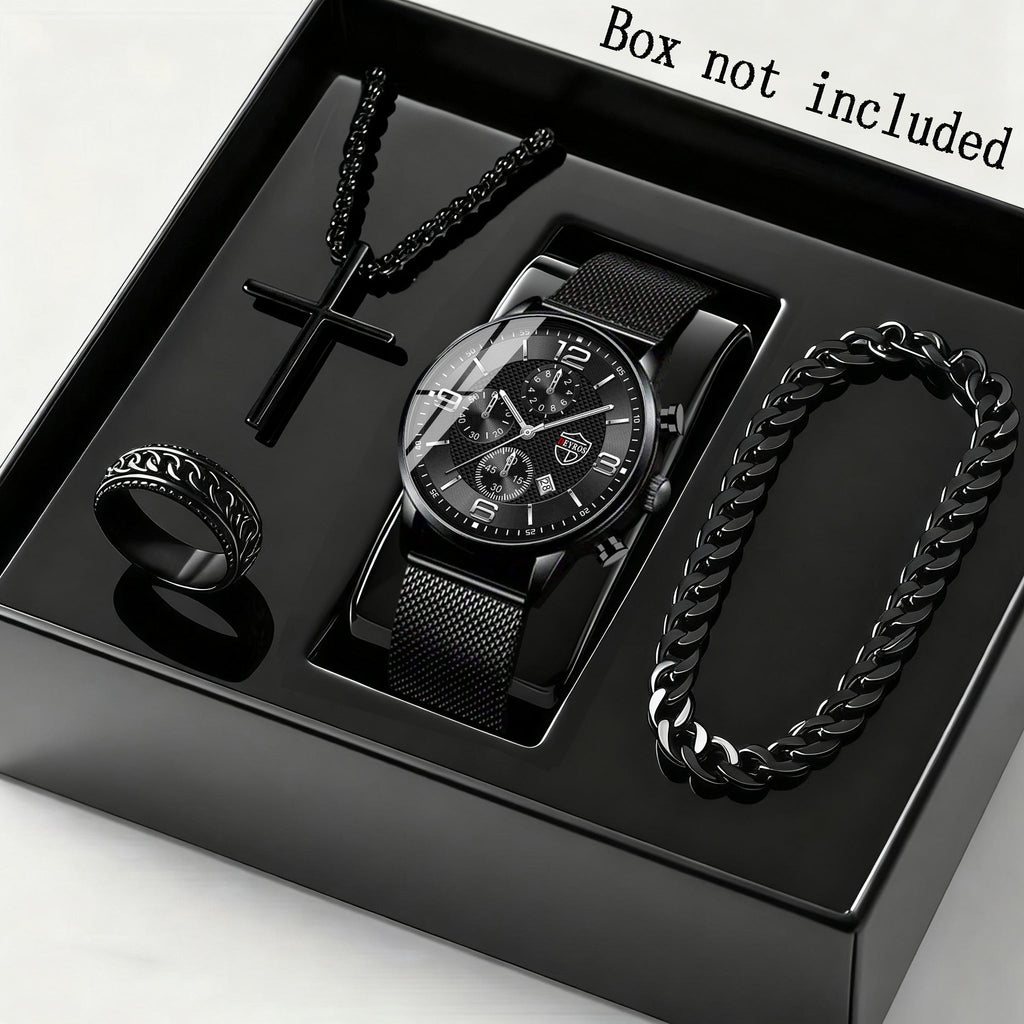 Men's Quartz Watch & Bracelet Jewelry Set 4pcs – Stainless Steel Date Display Casual Business Wristwatch with Bracelet & Necklace, Elegant Gift Set for Men