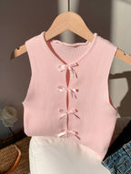 Women's Bow-Tie Striped Crop Vest - Sexy Tight Stretchy Knit Tank Top, 100% Polyester Crew Neck, Y2K Summer Cami Sleeveless Top for Going Out