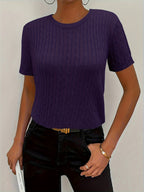 Women's Ribbed Knit Short Sleeve Pullover Top | Crew Neck Minimalist Casual Summer T-Shirt Versatile Stretch Comfort