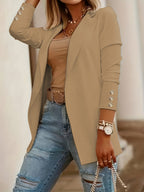 Women's Midi-Length Lapel Knit Jacket – Solid Color Long Sleeve Cuff 95% Polyester Micro-Stretch Casual Fashion Coat All-Season