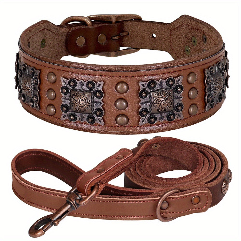 Heavy Duty Studded Leather Dog Collar for Medium and Large Dogs - Durable Real Leather with Metal Studs, Adjustable L XL XXL, 8 Colors, Strong Dog Collar for Large Breed Training Walking