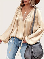 Women's Tie Neck Lantern Sleeve Blouse - Solid Color Ruched Loose Fit Casual Long Sleeve Top for Spring Fall | Comfortable Everyday Wear S-XXL