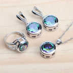 5Pcs Vintage Rainbow Cubic Zirconia Jewelry Set for Women – Silver Plated Ring, Earrings, Pendant & Necklace, Dazzling CZ Bridal Jewelry Gift for Weddings, Anniversaries, Birthdays & Engagements