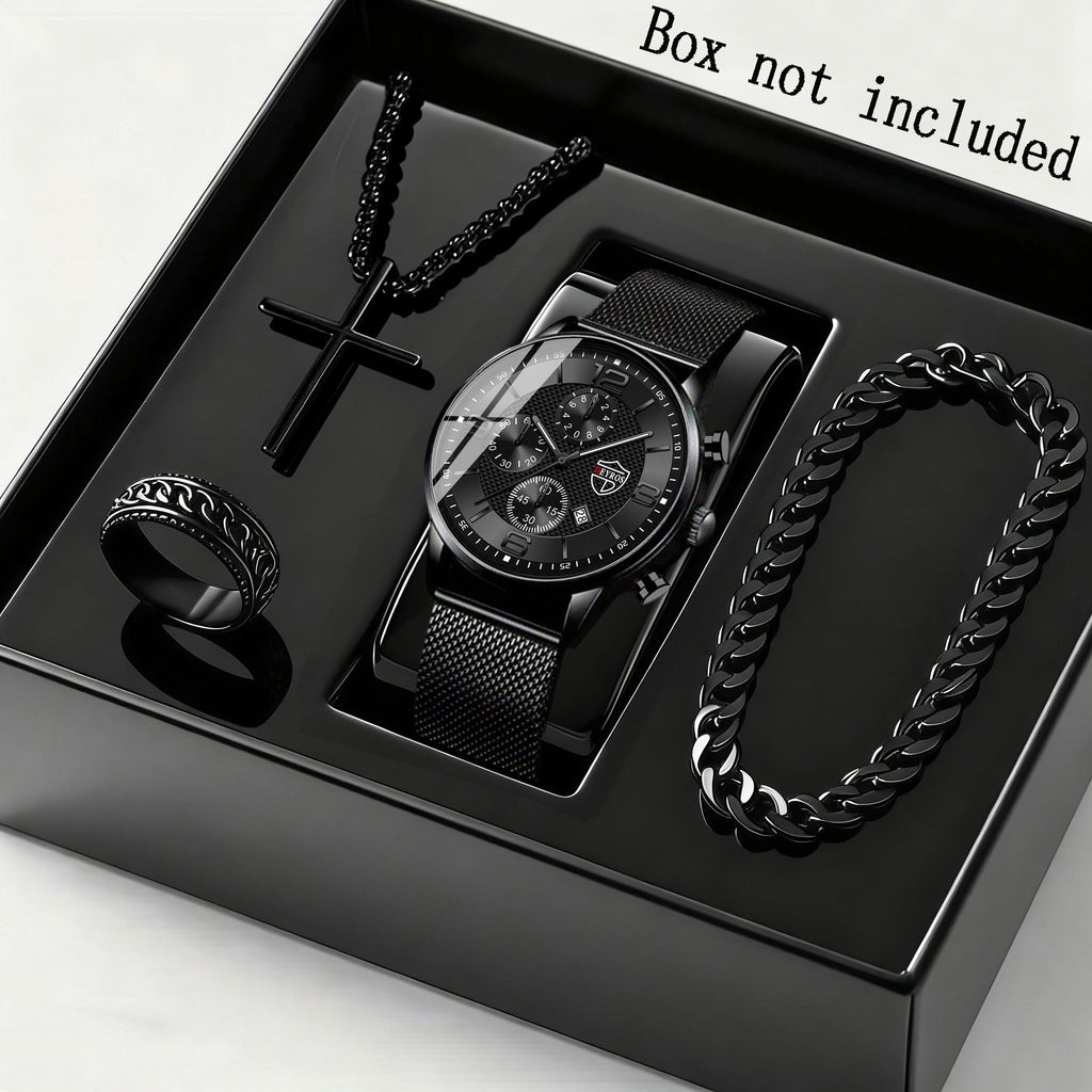 Men's Quartz Watch & Bracelet Jewelry Set 4pcs – Stainless Steel Date Display Casual Business Wristwatch with Bracelet & Necklace, Elegant Gift Set for Men