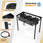 High Pressure Propane Burner Stove 100,000-225,000 BTU - Heavy Duty Cast Iron Outdoor Camp Cooker with Detachable Legs, CSA Listed Regulator, 1 or 3 Burner for Camping, Tailgating & Brewing