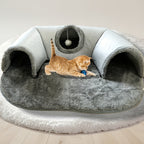 3-in-1 Cat Tunnel Bed with Play Mat & Warm Nest – Cozy Collapsible Cat Cave with Non-Slip Bottom for Small to Medium Cats, Rabbits & Hamsters, Indoor Pet Hideaway