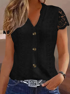 Lace Patchwork V-Neck Blouse Women Hollow Out Eyelet Button Down Short Sleeve Summer Top Casual Elegant Fitted Shirt White Black Pink Khaki Green S-XXL