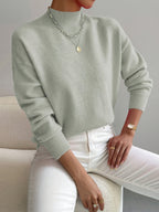 Women's Solid Color Mock Neck Drop Shoulder Pullover Sweater – Long Sleeve Knit Acrylic Blend Cozy Fall Winter Top