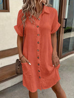 Women's Solid Color Button-Down Shirt Dress – Breathable Lapel Retro Casual Tunic Dress for All Seasons Everyday Wear