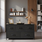 5-Drawer Lateral File Cabinet with Metal Frame & Wooden Top – Industrial Office Storage Organizer, 3 Upper + 2 Lower Drawers, Open Storage, Fits TV up to 45” – Black & Grey