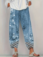 Vintage Floral Capri Pants with Elastic Waist & Pockets | Women's Retro Smocked Cropped Trousers | Casual Comfortable Boho Bottoms for Spring Summer Fall | S-XXL Multiple Colors