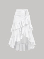 Women's Asymmetrical Pleated Hem Multi-Layer Midi Skirt – Flowy Chiffon-Style 100% Polyester Spring Fall Fashion Tiered Ruffle Swing Skirt