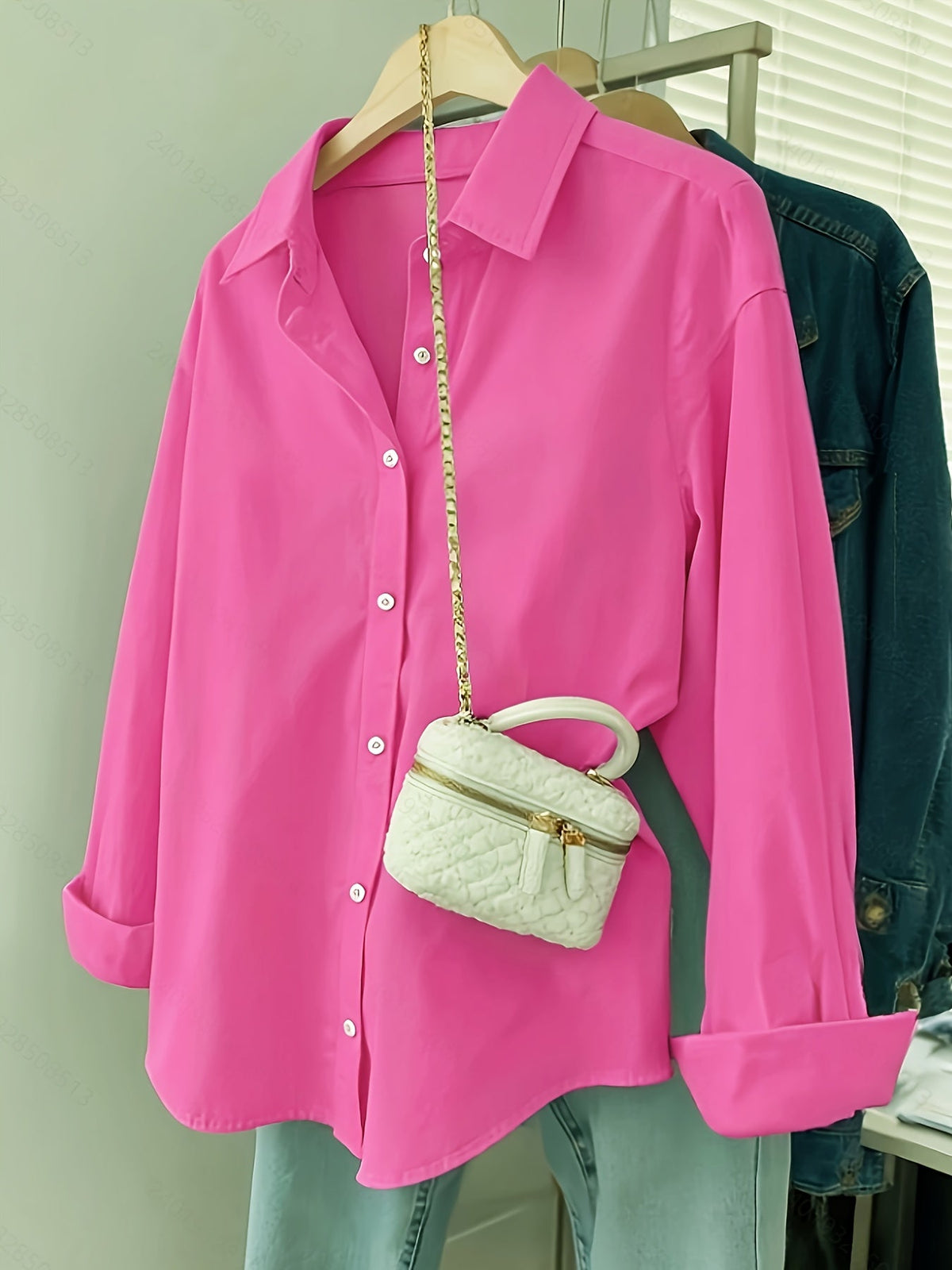 Women's Long Sleeve Button Down Shirts Solid Color Casual Loose Fit Blouse Tops for Women Classic Collar Office Work Shirt