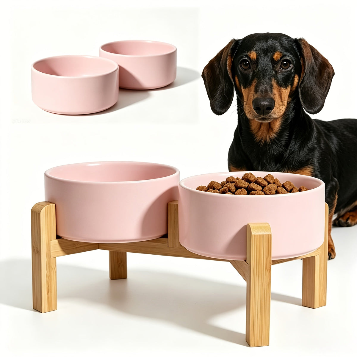 Elevated Ceramic Dog Bowl Set with Bamboo Stand - Raised Double Dog Bowls 28.74oz Non-Slip Feeder for Dogs Cats & Puppies, Adjustable Height Slow Feed Dog Food Bowl with Storage (4 Colors)