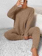 Women's Ribbed Two-Piece Set – Casual Soft 100% Polyester Crew Neck Long Sleeve Top & Pants Micro-Stretch Commuter Fashion Spring Fall Outfit