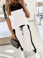 Women's 2 Piece Outfit Color Block Round Neck Short Sleeve T-Shirt and Long Pants Set Casual Elegant Matching Lounge Set