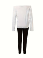 Women's Casual Letter Print Long Sleeve T-Shirt Wide Leg Pants 2 Piece Set Matching Lounge Outfit White Pink Black S-XXL