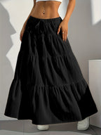 Women's Solid Color Tie-Back Flared A-Line Midi Skirt – Elegant Loose Swing Skirt Western Fashion Spring Summer Fall Casual Chic Half Skirt
