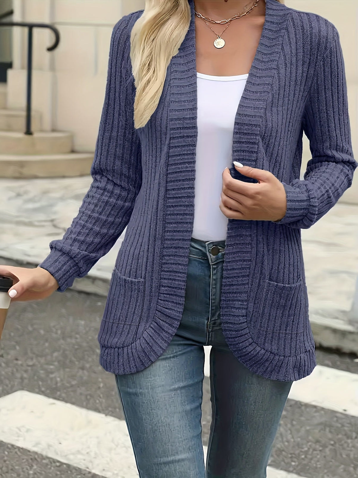 Women's Elegant Front Open Sweater Cardigan Long Sleeve Pleated Detail Solid Color - Soft Suede Feel Layering Piece for Fall Winter Office Casual Daily Wear