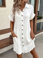 Women's Solid Color Button-Down Shirt Dress – Breathable Lapel Retro Casual Tunic Dress for All Seasons Everyday Wear