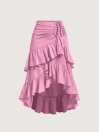 Women's Asymmetrical Pleated Hem Multi-Layer Midi Skirt – Flowy Chiffon-Style 100% Polyester Spring Fall Fashion Tiered Ruffle Swing Skirt