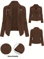 Women's Solid Color Biker Jacket Zipper Button Maze Grid Moto Coat - Stylish Casual Outerwear for Fall Winter Daily Commute Streetwear Top
